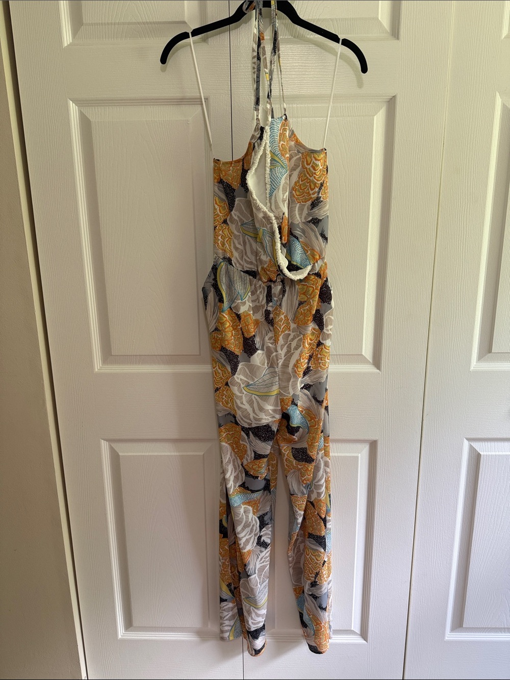 Paper Crane Floral Halter Jumpsuit in Mustard, Teal & Gray